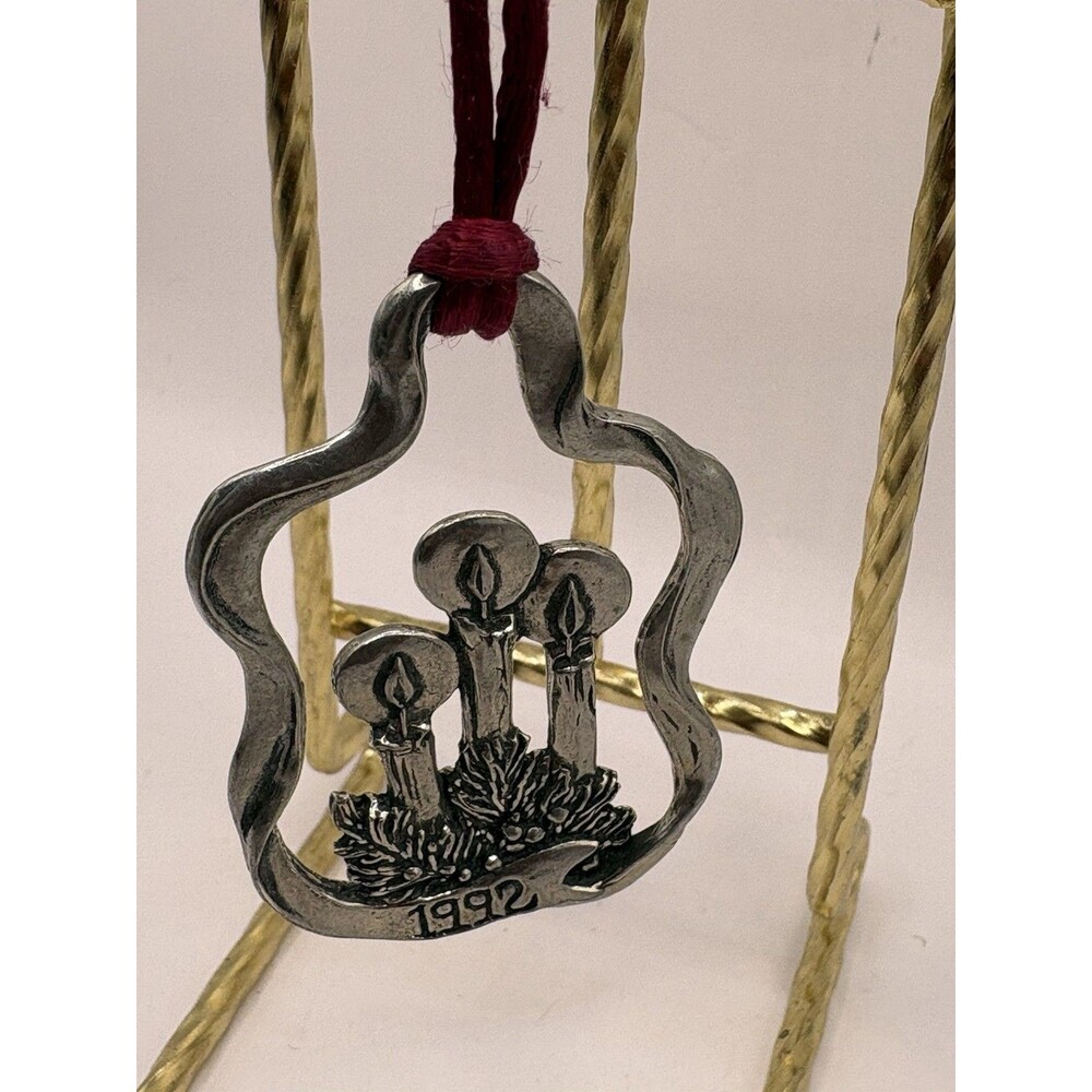 1992 Wilton Pewter Christmas Ornament Three Candles Holly Vintage USA Decor